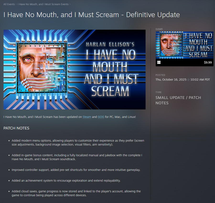 I Have No Mouth, And I Must Scream 獲得 Nightdive Studios 的最終更新